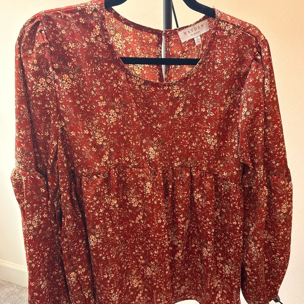 HAYDEN LA Women’s Kristie Misses Floral Burgundy Puff Sleeve Babydoll Top Sz M